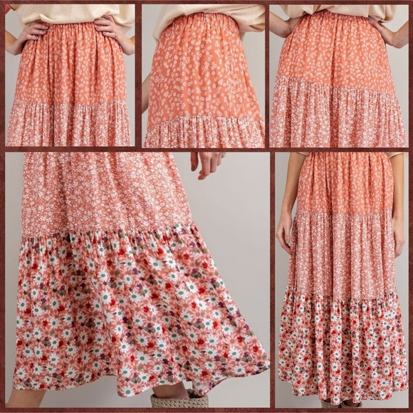 EASEL Mixed Floral Print Midi or Maxi Cottagecore Tiered Prairie Skirt W/Lining - Picture 12 of 16